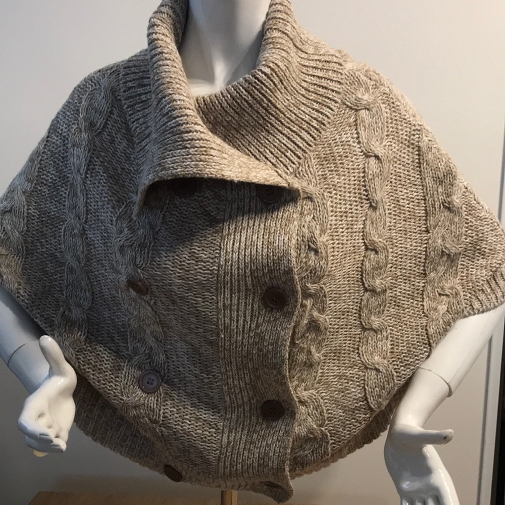 Feathers Cable-Knit Button Shawl Poncho in Taupe